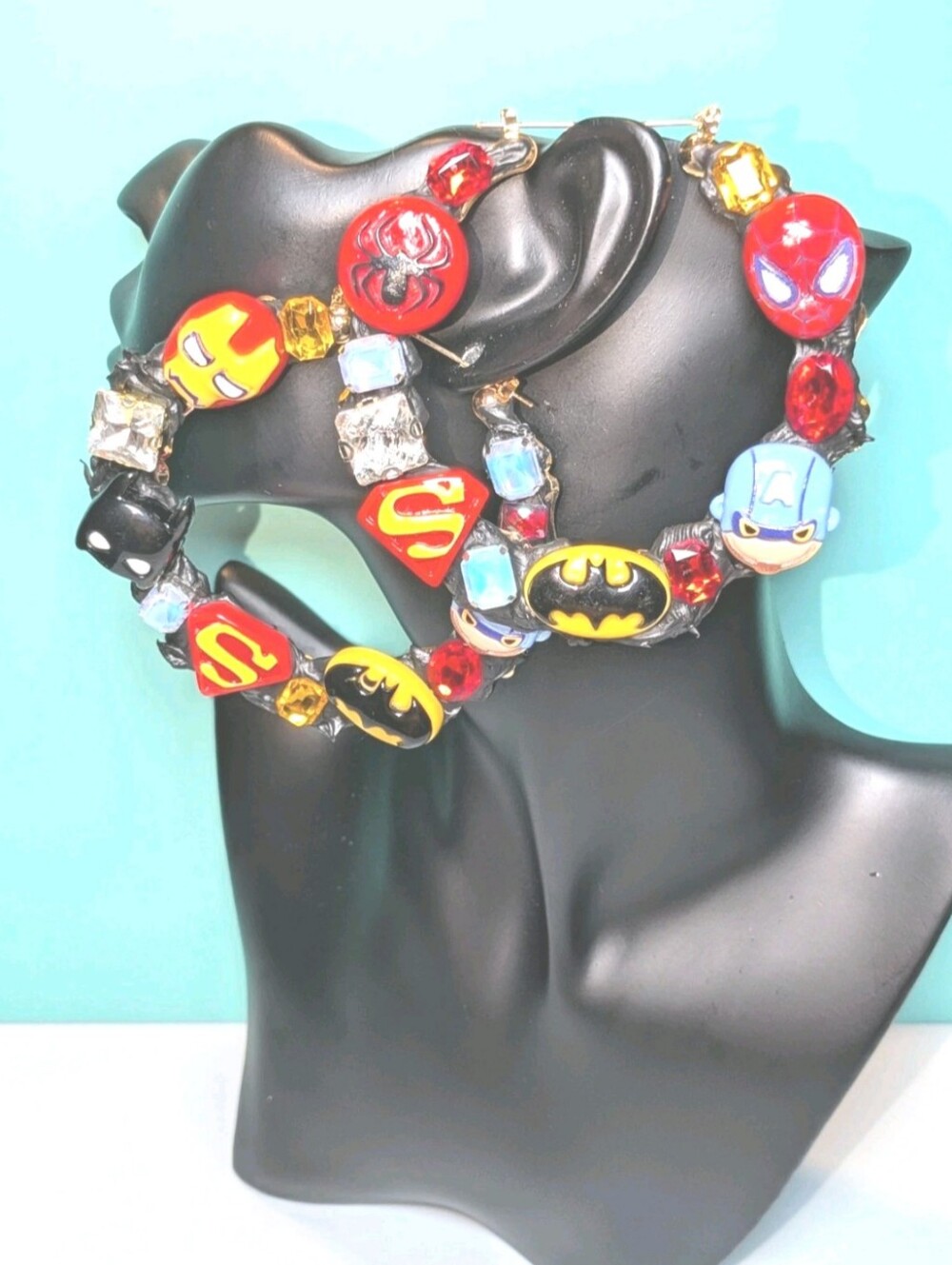 Hand Crafted Decoden Multisuperhero Xl Hoop Earrings — Red, Yellow, Blue, Black